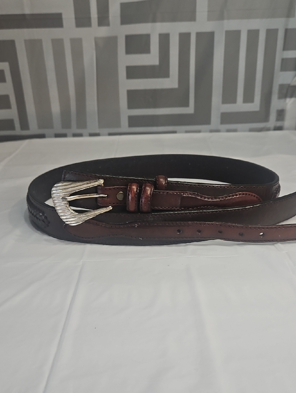 Men's Dark Brown Leather Belt with Silver Textured Buckle